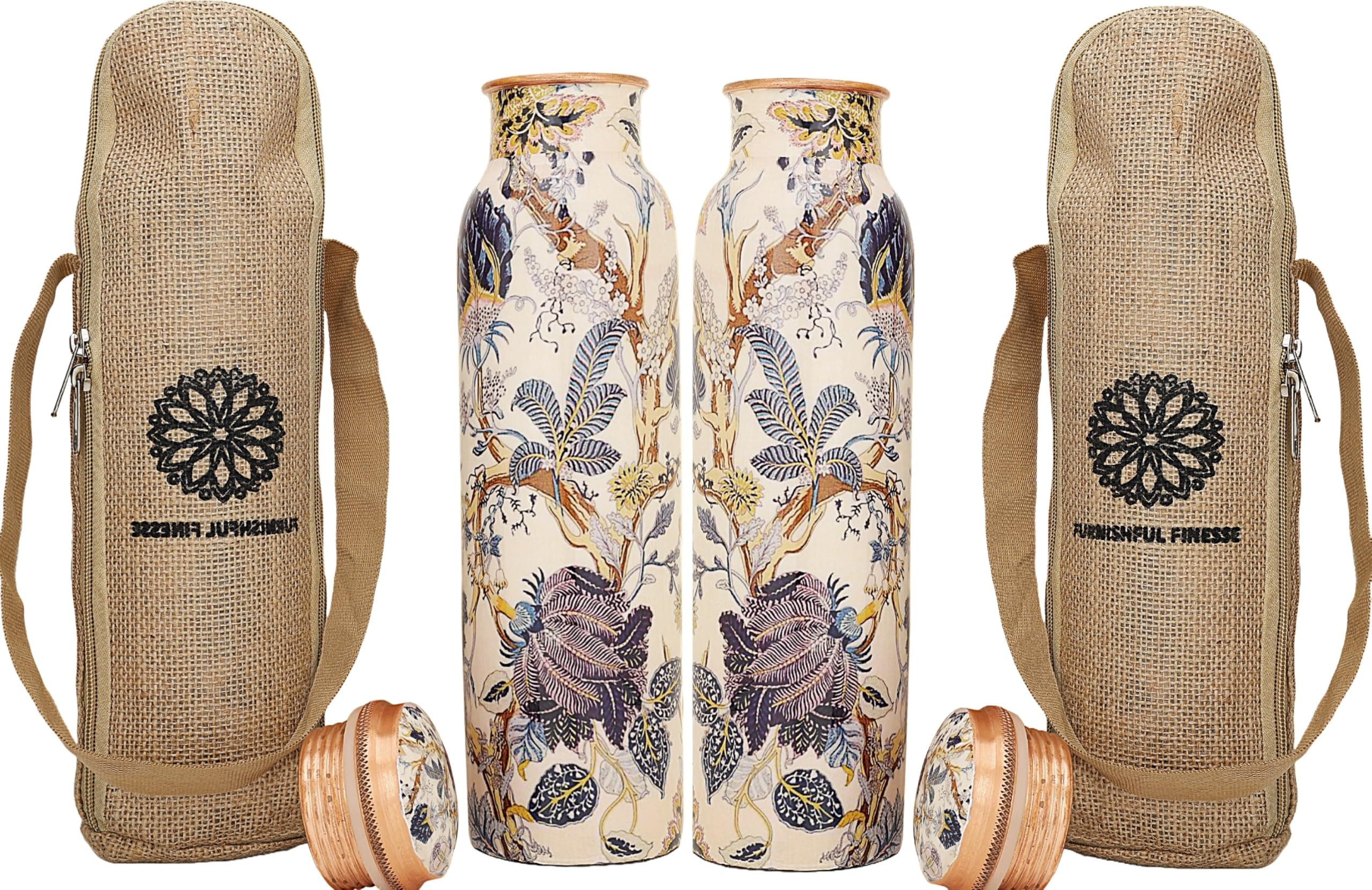 34 Oz Copper Water Bottle For Drinking 1000 ml Pure Copper Bottles with Canvas Carry Bag, for Sports, Yoga, Gym, Office, Hiking Ayurvedic Vessels - Pack of 2, Floral White