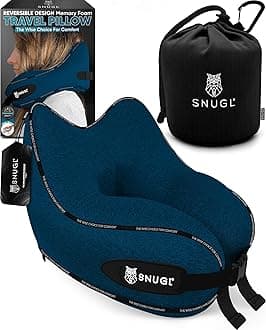 SNUGL Travel Pillow – Memory Foam Neck Pillow for Travel – Support Cushion for Airplane with Carry Bag & Clip - Holiday Essentials (Navy - Adult Small)