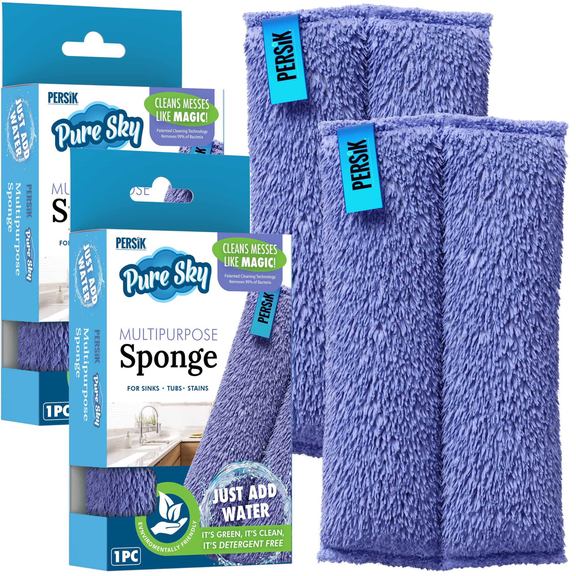 Pure-Sky Ultra-Microfiber Cleaning Sponge – Kitchen, Household and Dish Sponges – JUST ADD Water No Detergents Needed – Heavy Duty for Removing Stains in The Cracks, Tubs, Sinks