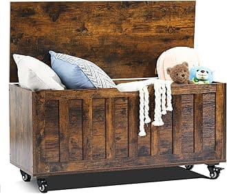 HYZ Storage Chest, 39.4'' Wooden Storage Bench with 4 Wheels & 2 Safety Hinges, Retro Toy Box Support 300 lbs for Bedroom, Living Room, Easy Assembly, Rustic Brown