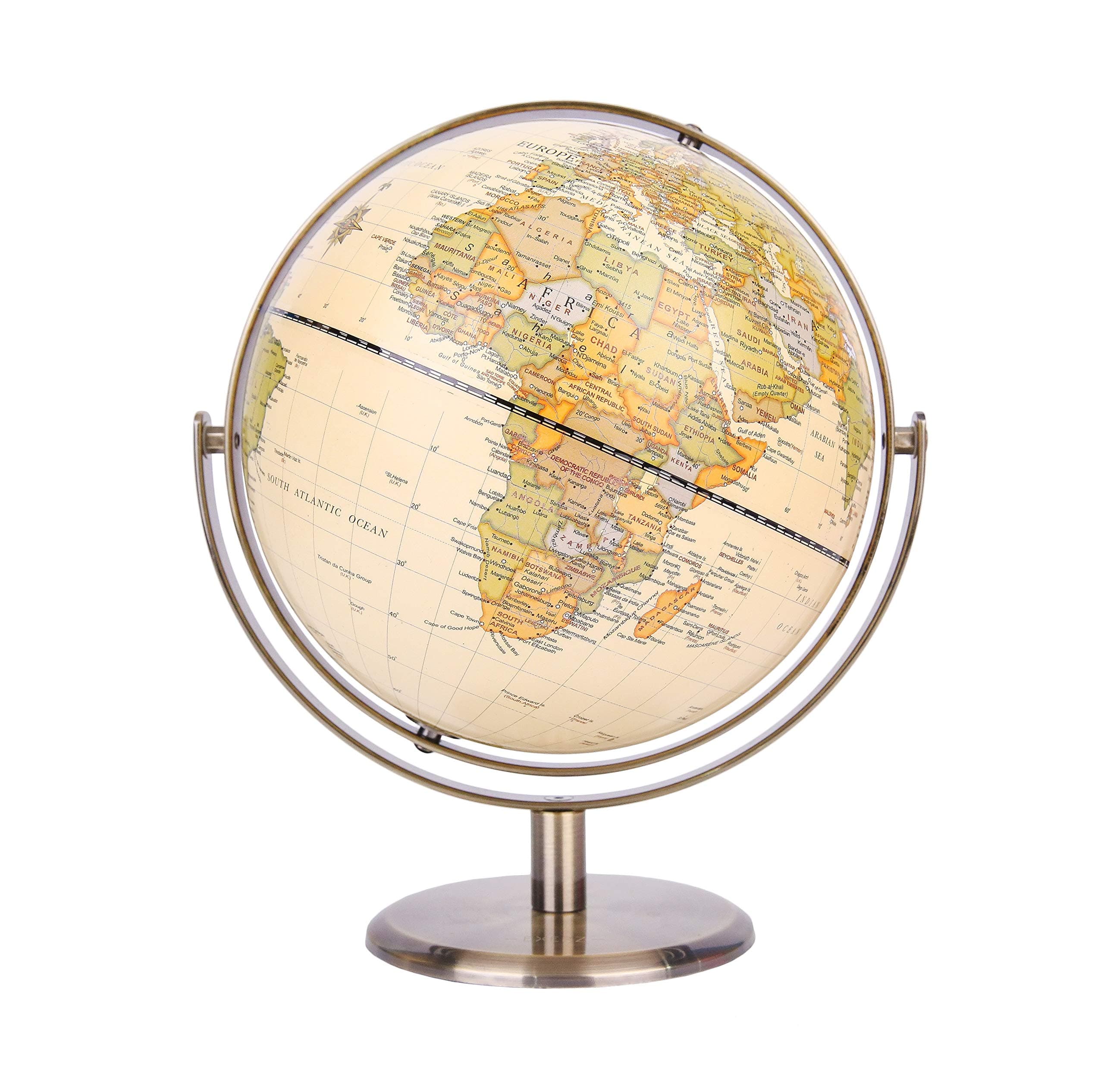 Exerz 20Cm World Globe Antique Globe Metal Arc And Base Bronzed Colour - All Direction 360° Rotating - Educational/Geographic/Modern Desktop Decoration - For School, Home, And Office