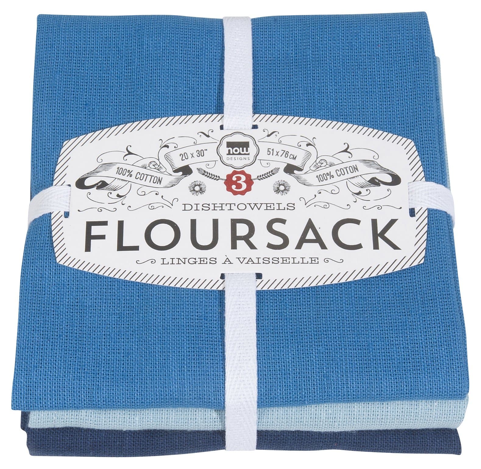 Now Designs Floursack Kitchen Dish Towels Moon/Cool Blue/Indigo 20 x 30in, Set of 3, 1 ea, (911421aa)