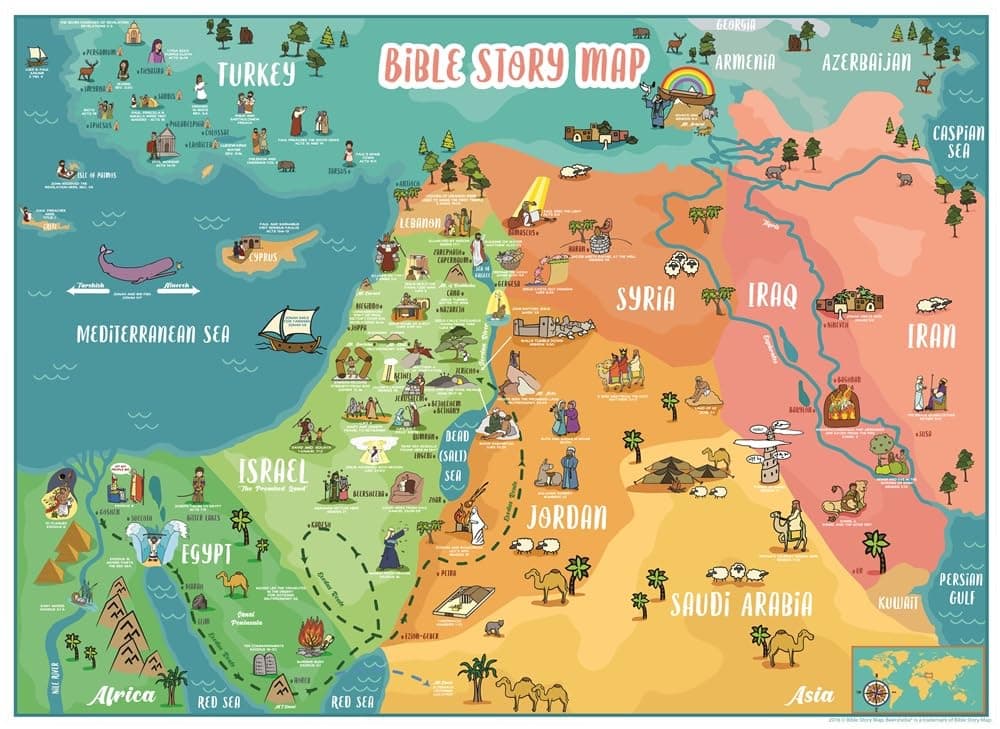 Bible Story Map Poster Laminated 18" x 24" – 70+ Illustrated Bible Stories for Kids, Classroom & Homeschool, Sunday School Educational Wall Chart + 4 Printable Worksheets