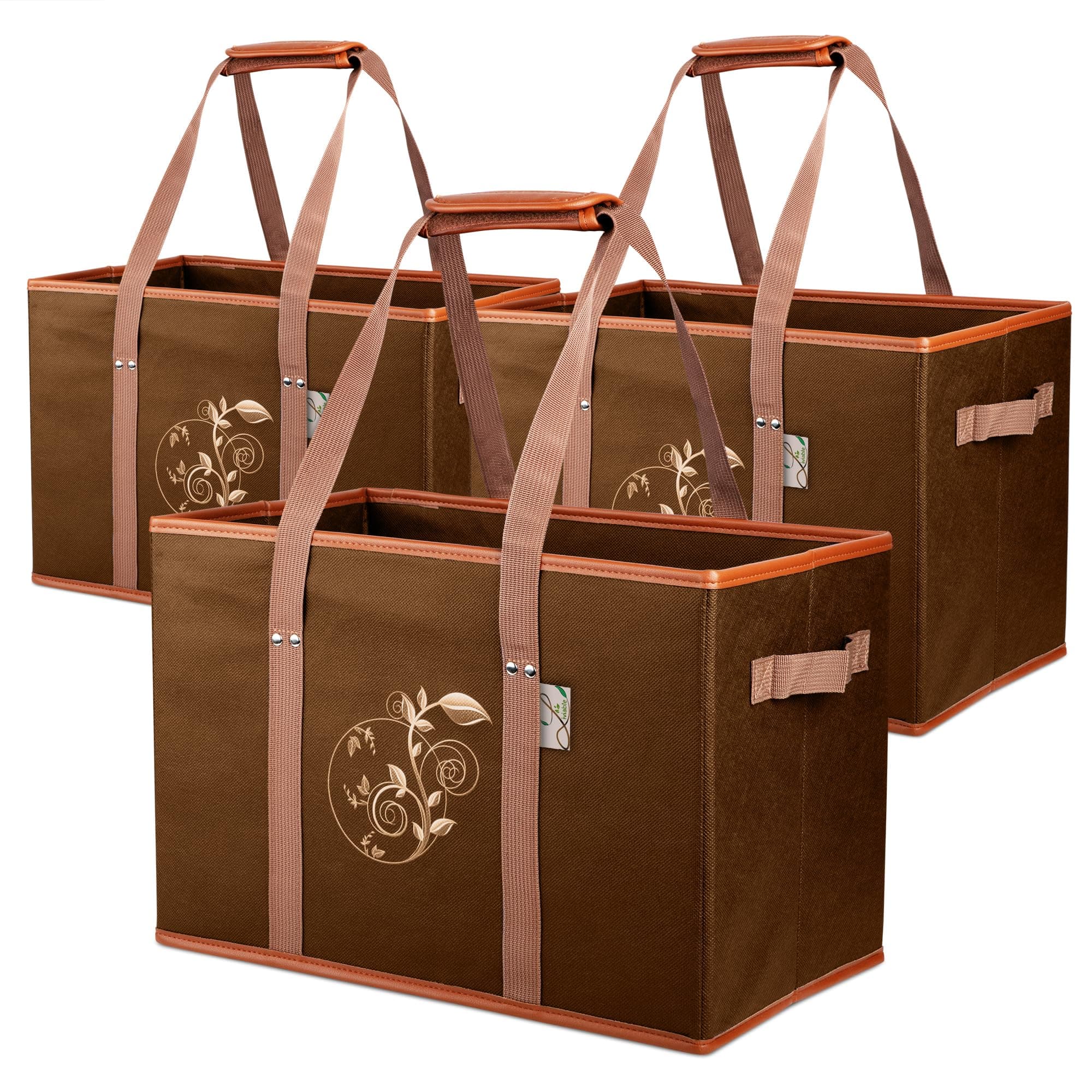 3pc, Large Reusable Sturdy Heavy Duty Grocery Box Bags, Foldable Shopping Cart Basket, Carrier Tote with Long Handles and Hard Bottom, Brown
