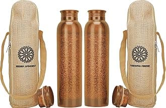 FURNISHFUL FINESSE 34 Ounce Antique Copper Bottle 1000 ml Pure Copper Water Bottles with Canvas Carry Bag for Sports, Gym Yoga, Hiking, Handmade Antique Ayurvedic Vessel 1 liter - Pack of 2