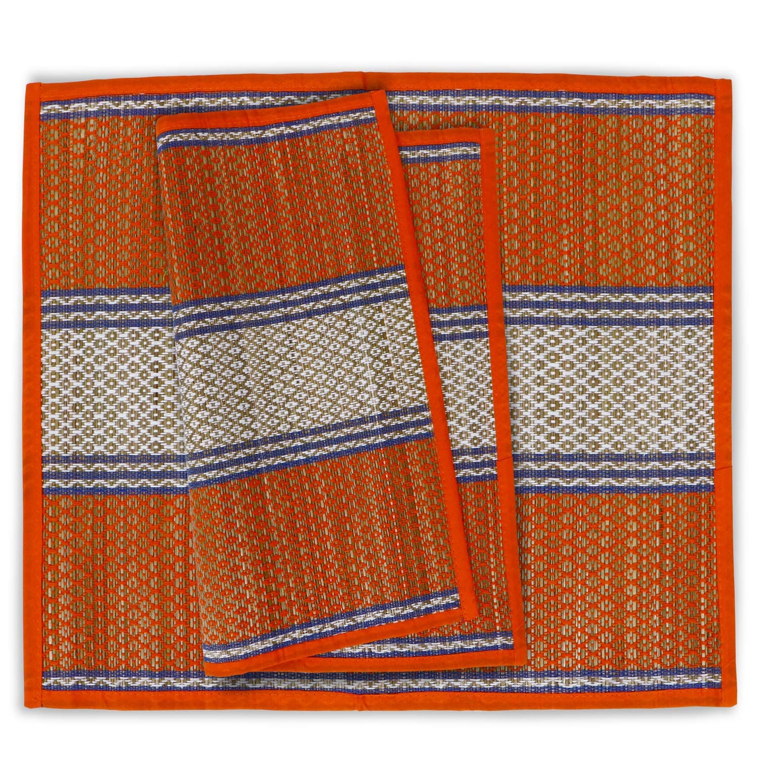 HOKIPO Natural River Grass Handcrafted Pooja Floor Mats (River grass,Orange, 18x18 Inches) Set of 2- IN78-ORNG