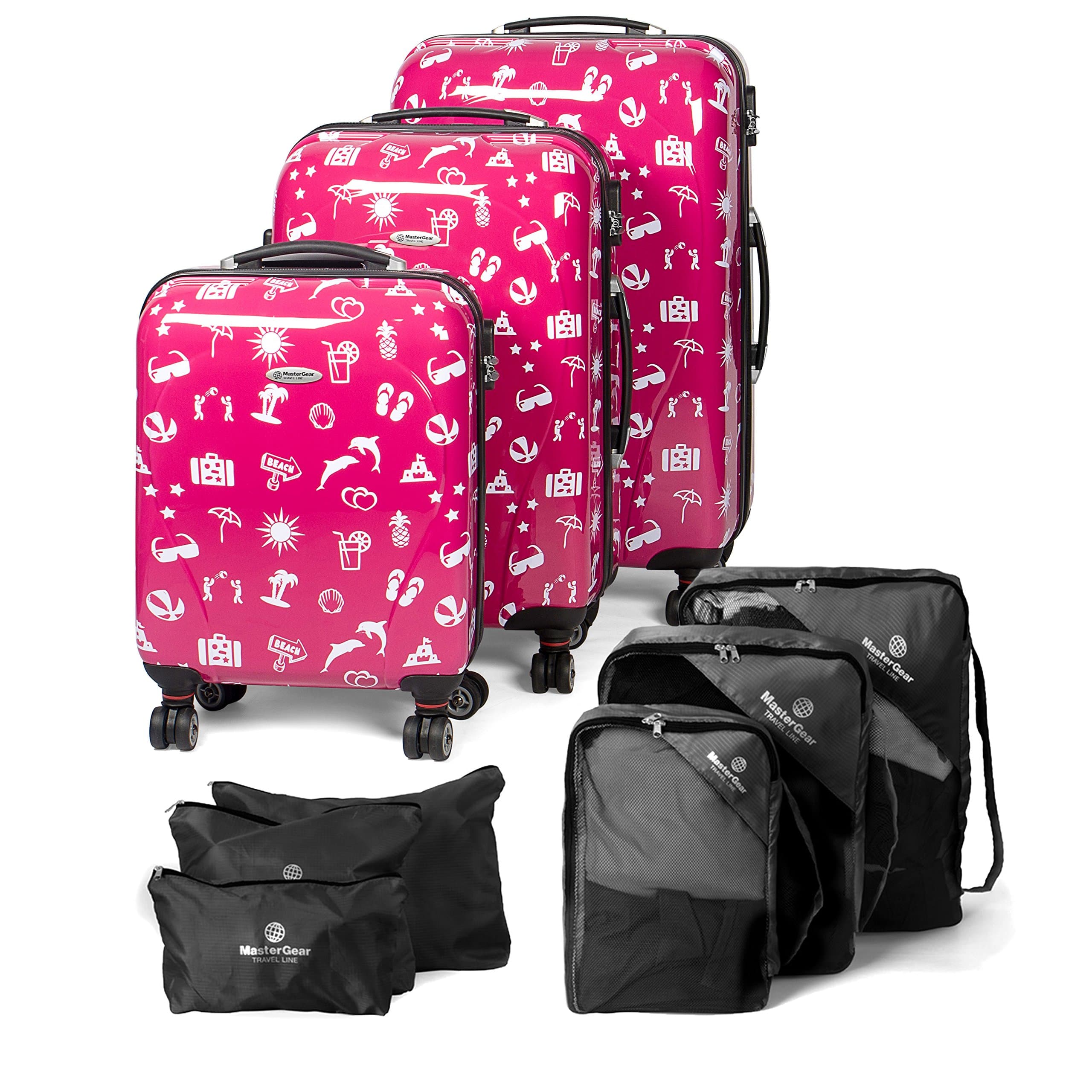 Designer Luggage Set with ABS Hard Shell – Set of 3 Suitcases with 4 Spinner Wheels (360 degrees) and Combination Lock – Stackable, S, M & L + Suitcase Organisers