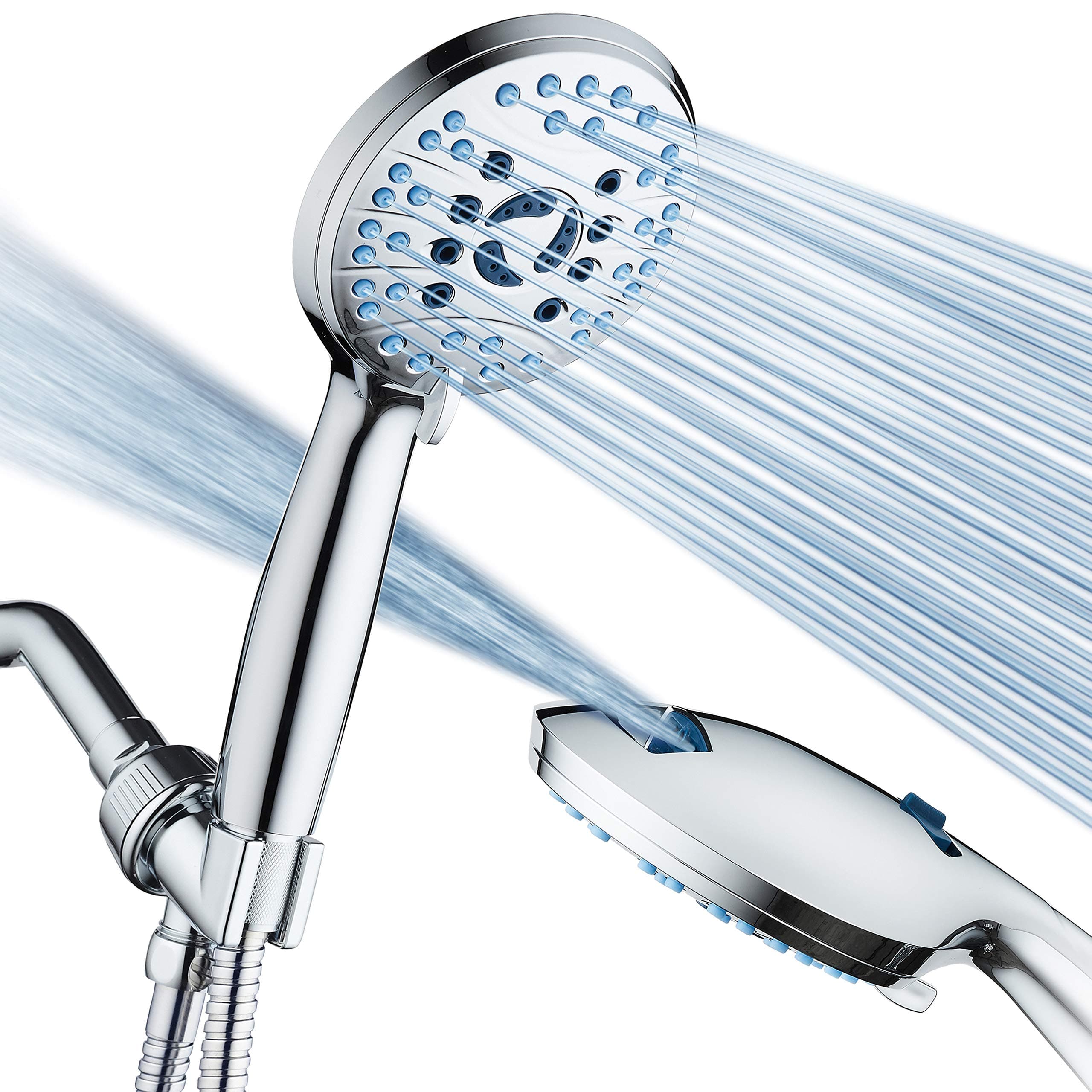 AquaCare AS-SEEN-ON-TV High Pressure 8-mode Handheld Shower Head - Antimicrobial Nozzles, Built-in Power Wash to Clean Tub, Tile & Pets, Extra Long 6 ft. Stainless Steel Hose, Wall & Overhead Brackets