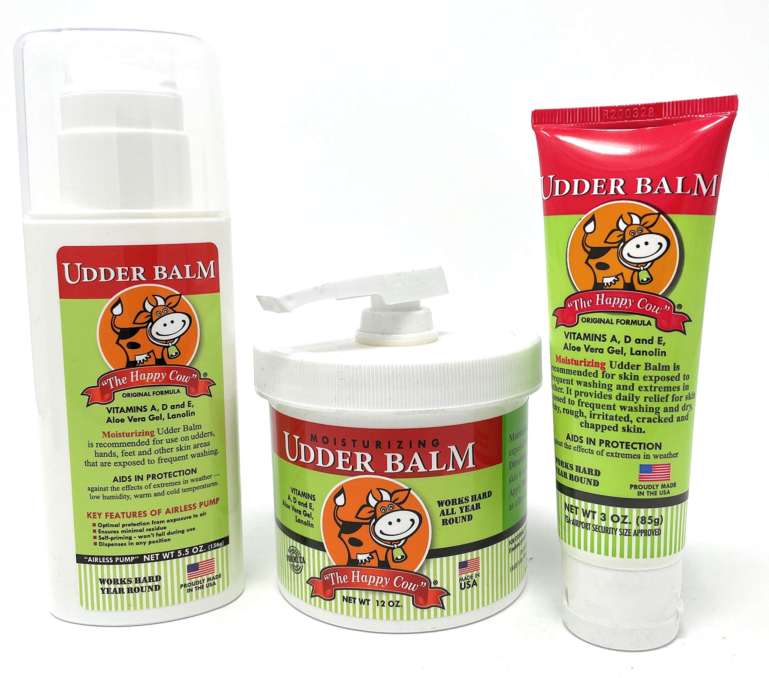 Happy Cow Moisturizing Udder Balm Hand & Body Lotion Bundle - 3-ounce TSA Approved Tube, 5.5-ounce Airless Pump, 12-ounce Pump Lid Jar