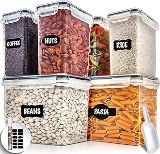 fullstarFood Storage Bins with Lids, Airtight food storage containers for Kitchen & Pantry organization. Includes Marker, Pen & Scoop (6 Pack)