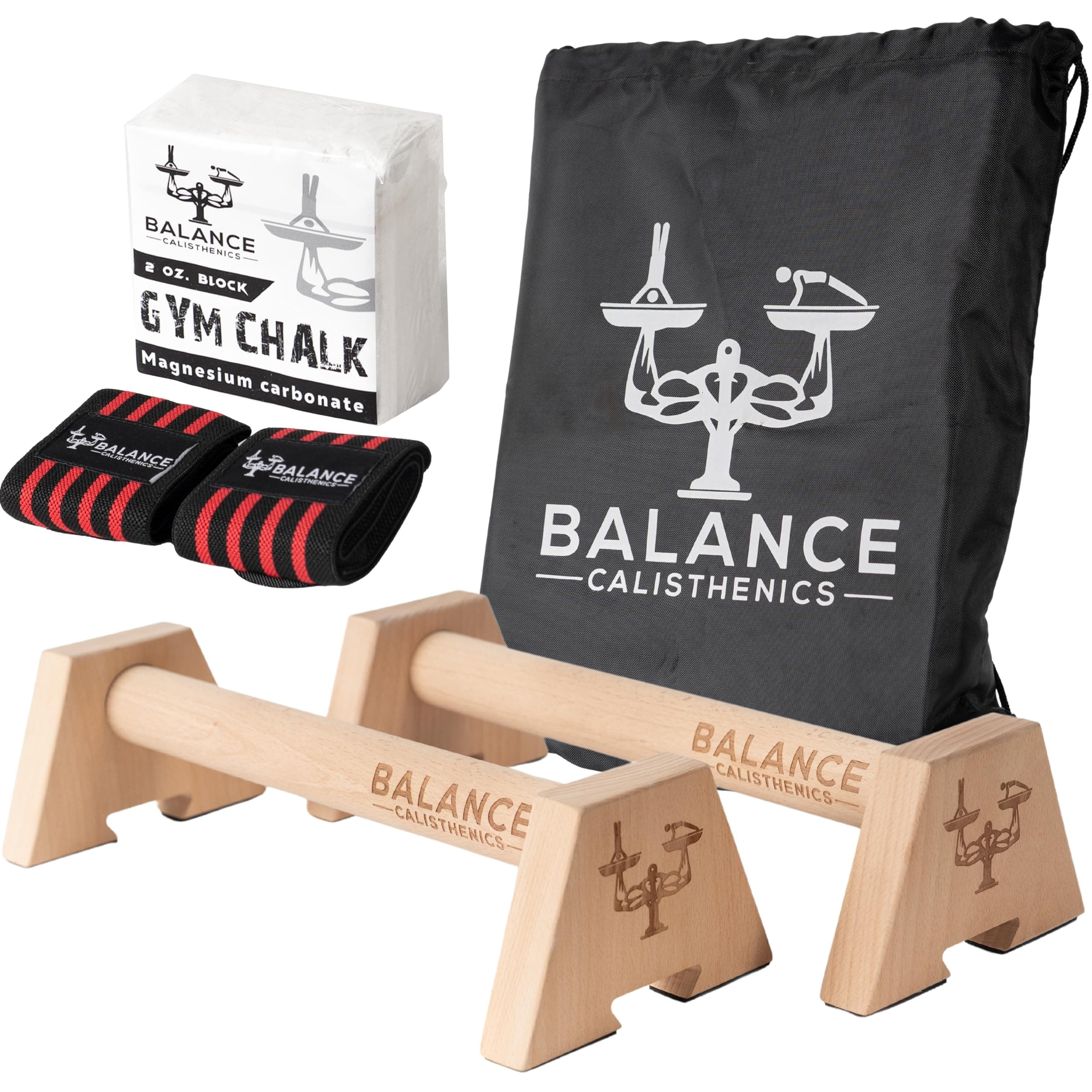 Wooden Parallettes Push Up Bars Bundle With Bag, Gym Chalk , Wristwraps, Paralettes, Strap | Dip Bar Handles 2pcs Paralette Handstand Non-Slip Base Exercise Handle For Floor Home Workout Equipment Parallel Handstand Dips Ergonomical Perfect Pushup