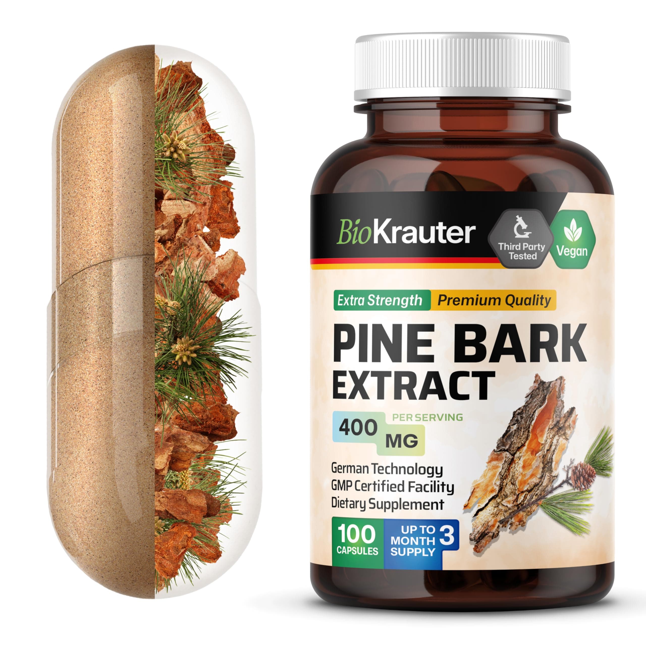 BIO KRAUTER® Pine Bark Extract for Circulatory & Antioxidant Support - Vegan French Maritime Pine Bark Herbal Supplements - Natural Antioxidants & Skin Support - 400 mg per Serving, 100 Сapsules