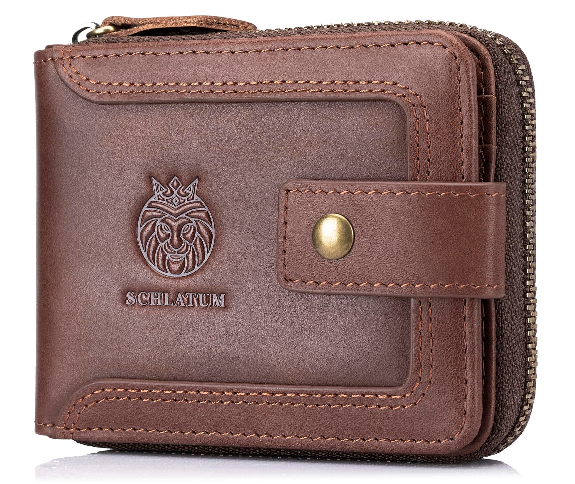 Genuine Leather Zipper Wallet for Men RFID Blocking Large Capacity Classic Wallet with Coin Pocket ID Window, Coffee, Vintage & Classic