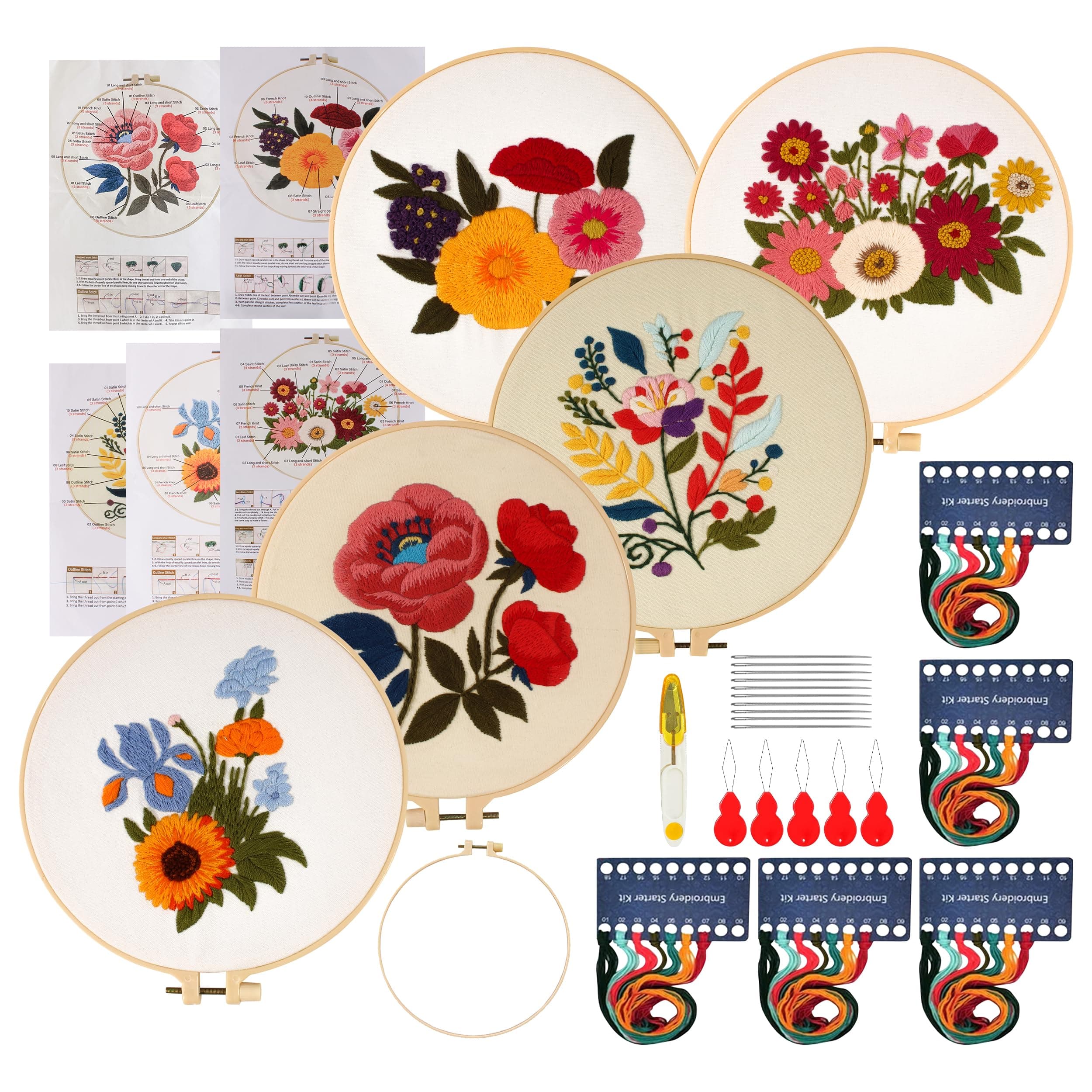 Maydear5 Packs Embroidery Starter Kit with Pattern, Stamped Cross Stitch Kits for Beginners Adults with Embroidery Hoop and Instructions, Hand Embroidery Kit (Florals)
