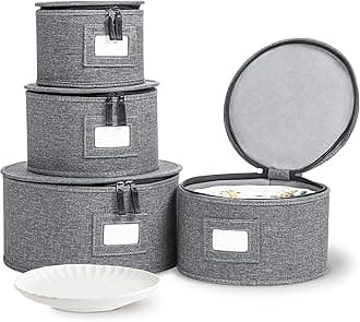 storageLAB China Storage Containers, Hard Shell Case with Felt Dividers for Charger Plates, and Dishes, Ideal for Kitchen Organization, Moving Supplies, and Fine China Storage - 4-Piece Set, Gray