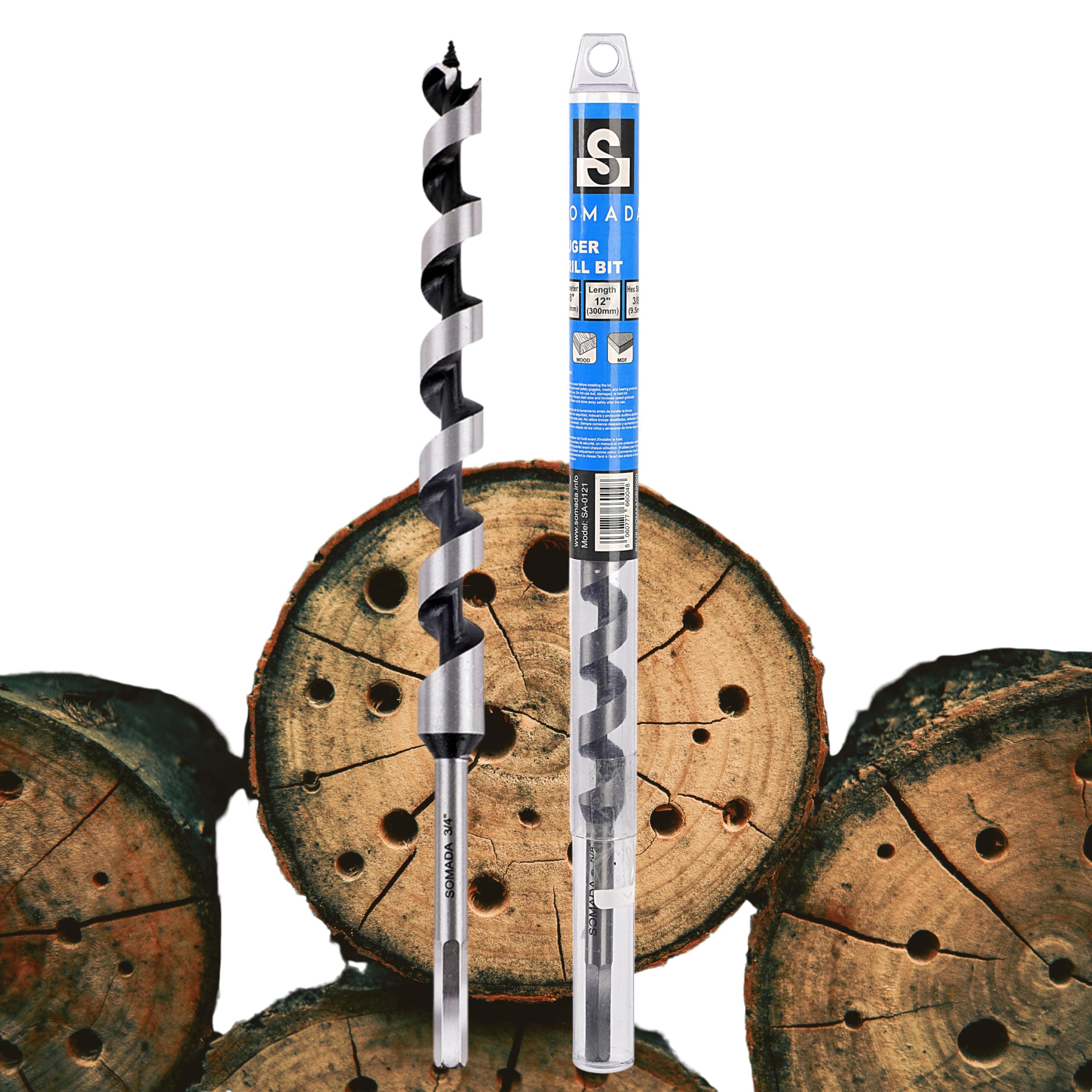 SOMADA 3/4-Inch x 12-Inch Auger Drill Bit for Wood, Hex Shank 3/8-Inch One Piece, Ship Auger Long Drill Bit for Soft and Hard Wood, Plastic, Drywall and Composite Materials