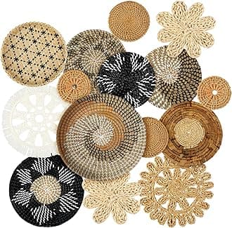 Xuhal 15 Pcs Boho Wall Basket Decor Handcrafted Seagrass Woven Wall Basket Rustic Round Woven Hanging Art for Home Farmhouse Kitchen Table Living Room(Stylish Style)