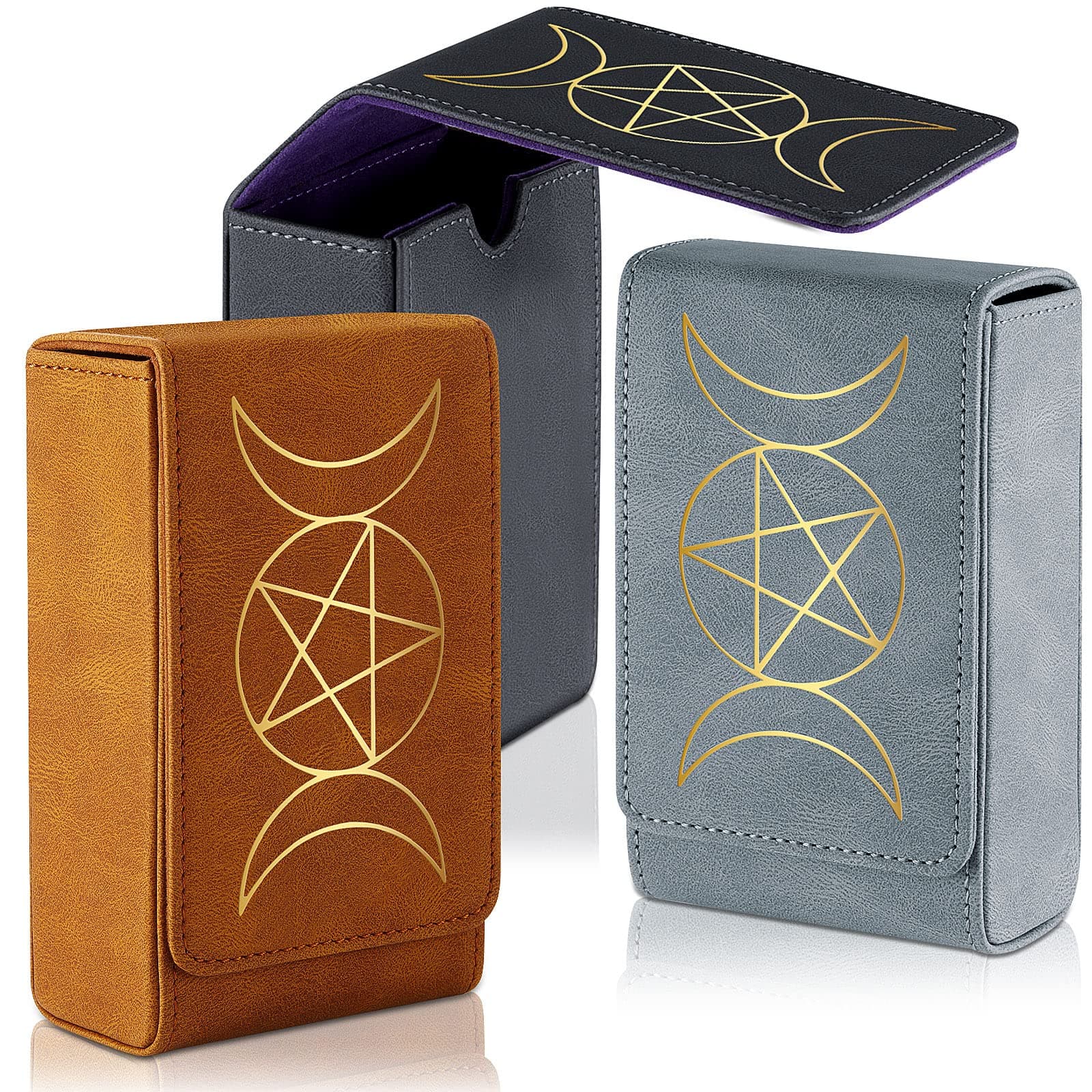 Lewtemi 3 Pcs Leather Tarot Card Case Holder Sun Moon Tarot Box Card Bag Organize Storage Box, Universal Game Deck Holder for Most Standard Size, Black, Grey, Brown