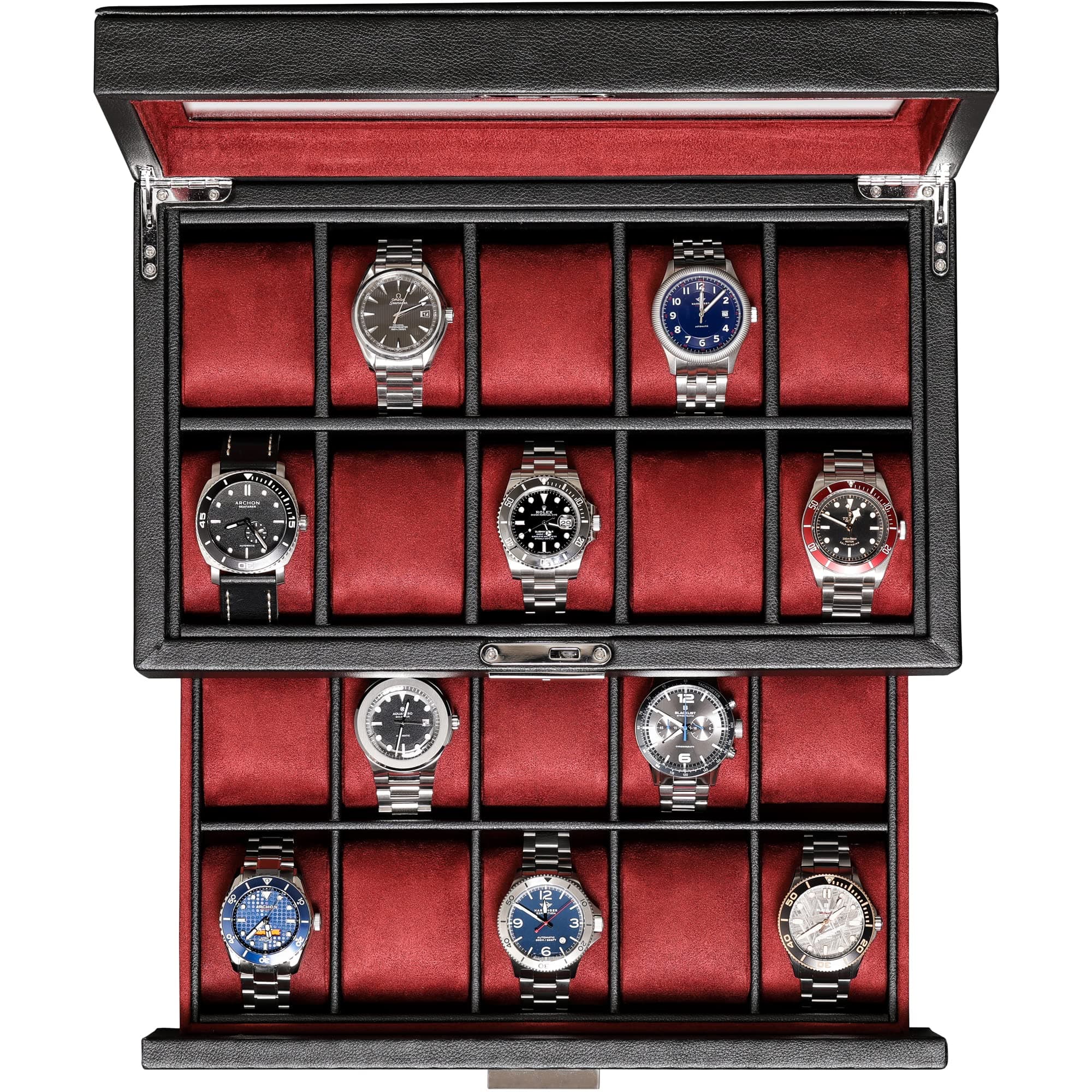 ROTHWELL 20 Slot Leather Watch box - Luxury Case Display Jewelry Organizer, - Locking Display Case Holder with Large Real Glass Top - Watch Box Organizer for Men and Women (Black/Red)