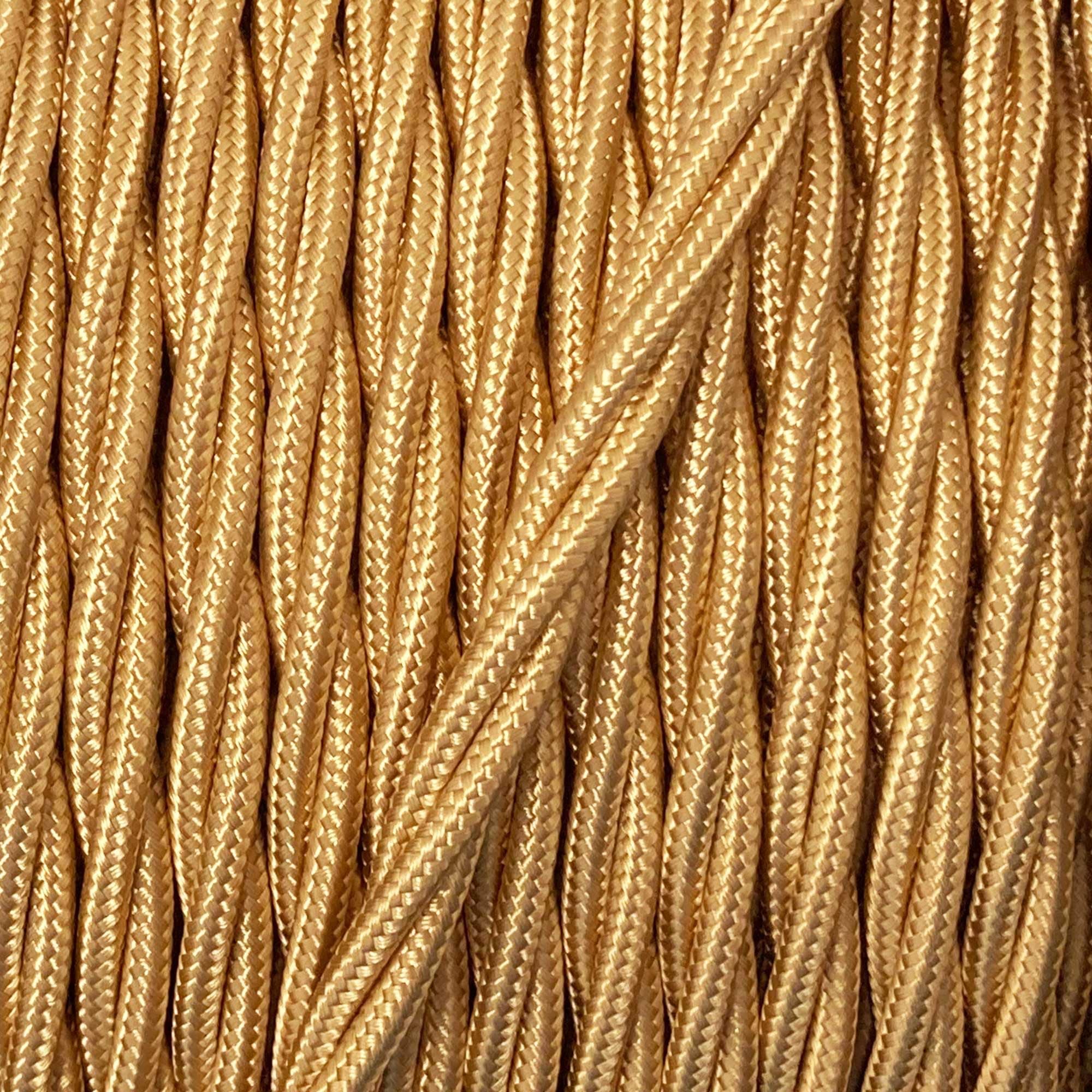 ElekTek Gold Twisted Vintage-Style Braided Fabric Covered Lighting Flex Cable 2m Pack Length, 3-Core 6 Amp (0.75mm), EU Manufactured