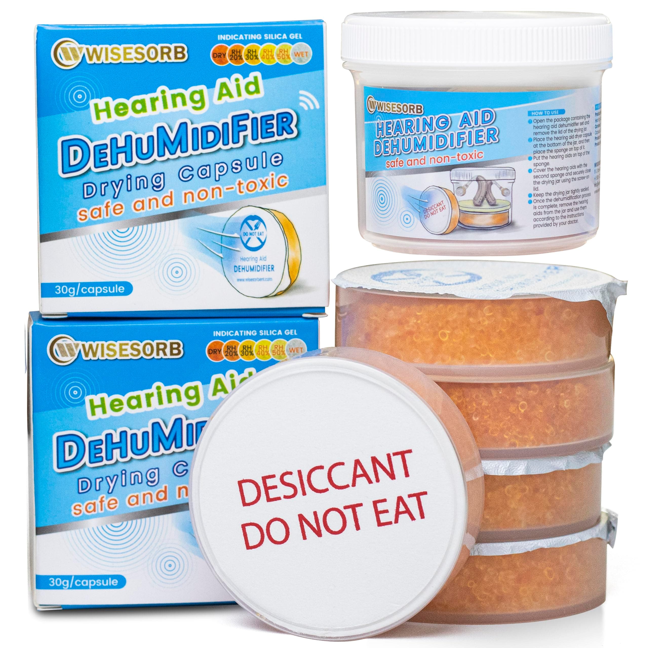 Hearing Aid Dryer, Hearing Aid Dehumidifier, Hearing Drying Jar and Dehumidifier Set (1 Container and 4pcs × 30g Capsules)