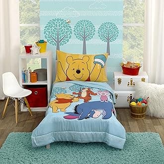 Disney Winnie The Pooh Funny Friends Aqua, Gold, Blue and Orange, Tigger, Eeyore and Piglet 4 Piece Toddler Bed Set Comforter, Fitted Bottom Sheet, Flat Top Sheet, and Reversible Pillowcase, 8212416P