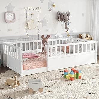 Kids Montessori Floor Bed,Twin Size Floor Bed with High Fence and Door,Twin Bed Frame with Guardrails for Kids,Girls,Boys,Twin,White