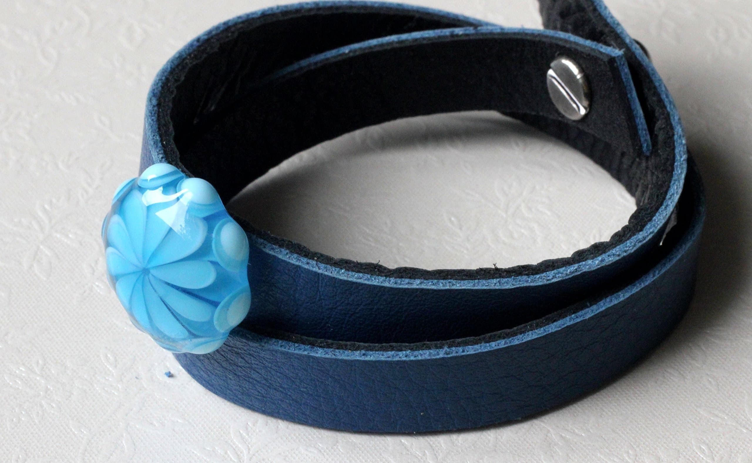 Blue leather bracelet with matching lampwork glass bead