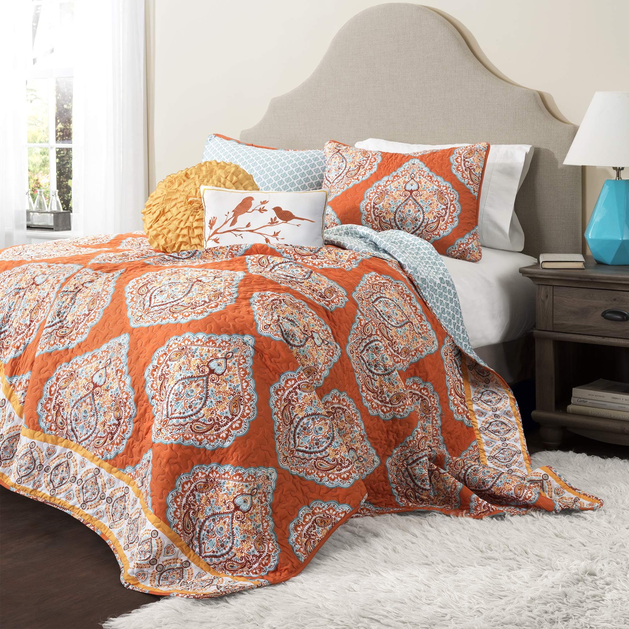 Lush Decor Harley Reversible Quilt Queen Size 5 Piece Set Full/Queen Purple & Turquoise - Boho Bedding Set Queen Quilt - Orange Quilts - Boho Decor