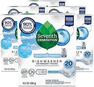 Seventh Generation Dishwasher Detergent Packs Free & Clear Pack of 6 for sparkling dishes Dishwasher tabs, 20 count