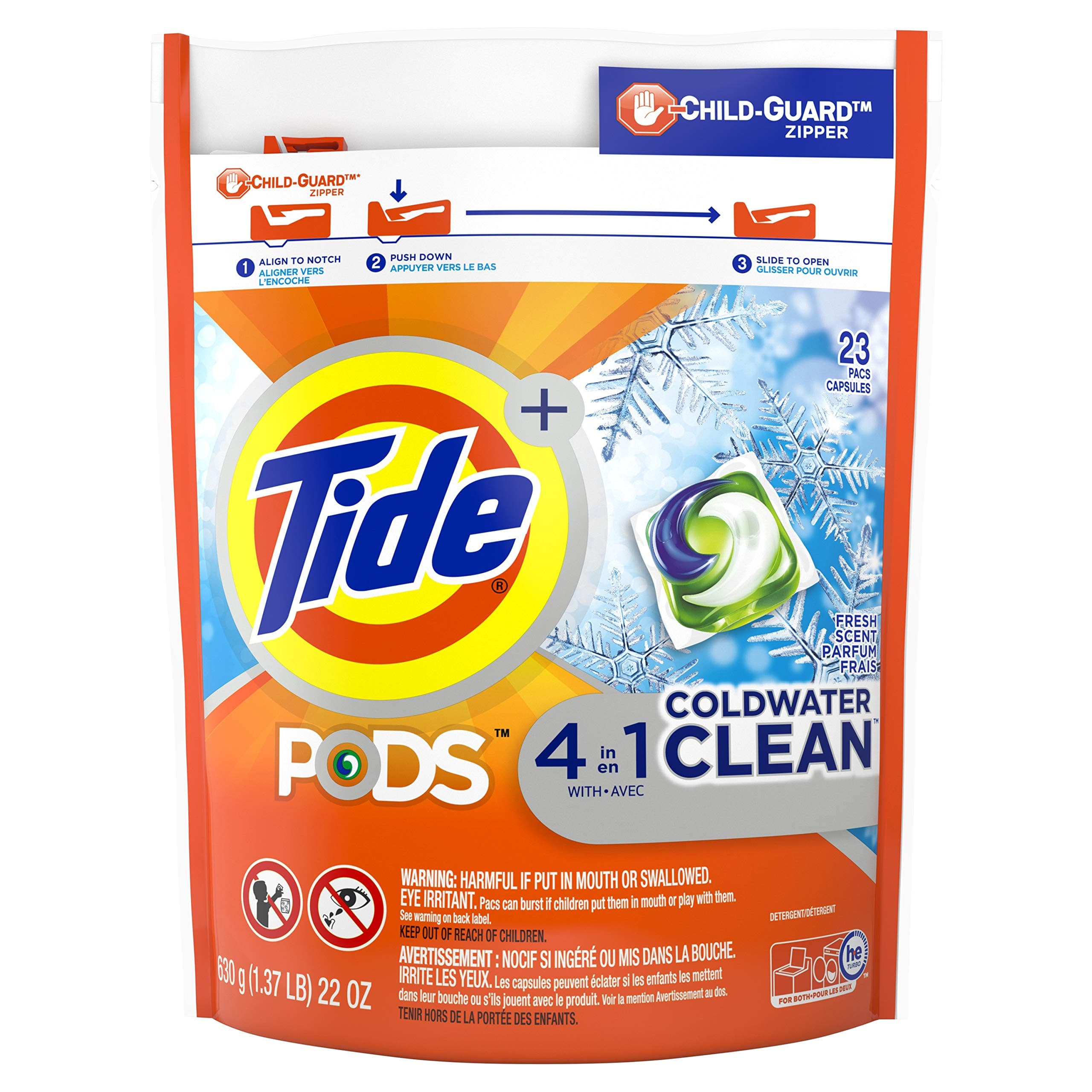 Pods Coldwater Clean Liquid Laundry Detergent Pacs, Fresh Scent, 23Count