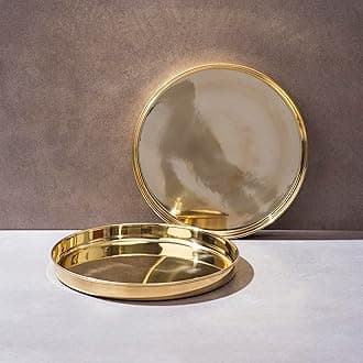 P-TAL Brass Thali 11" Serving Tableware 100% Pure Brass Plate Dinner Thali Ptal Brass Dinnerware for Your Kitchen (Set of 2)