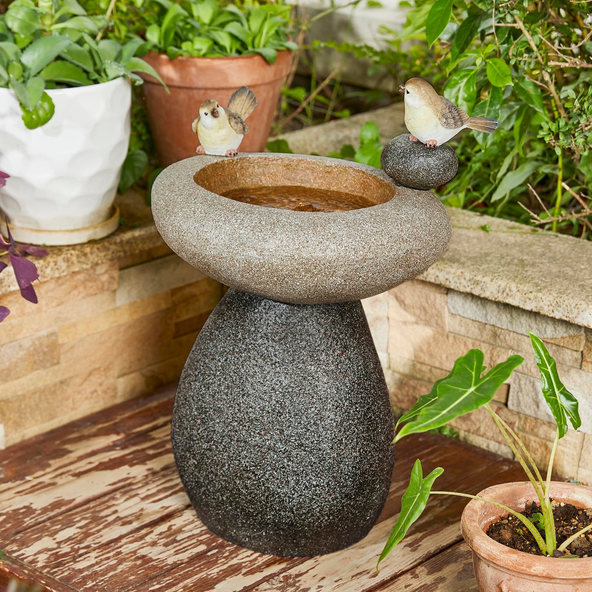 Glitzhome 20.75" H Water Fountain with LED Light and Pump, Zen Style Faux Stone Texture Birdbath Outdoor Fountains with Birds Decor, Floor Fountain for Porch Deck Patio Backyard