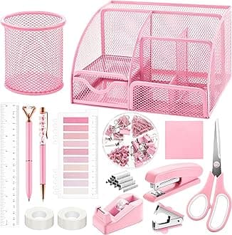 11 Pcs Pink Office Supplies Set Mesh Desk Organizer Accessories Kit include Stapler Tape Dispenser Staple Remover Clips Ruler Scissors Sticky Notes for Office School Home Women (Pink)