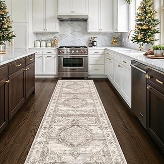 3x12 Long Hallway Runner Rugs : Machine Washable Non-Slip Ktichen Runners Vintage Indoor Soft Table Runners for Bedroom Living Room Thin Carpet for Dining Room Entranway (Beige,3x12)