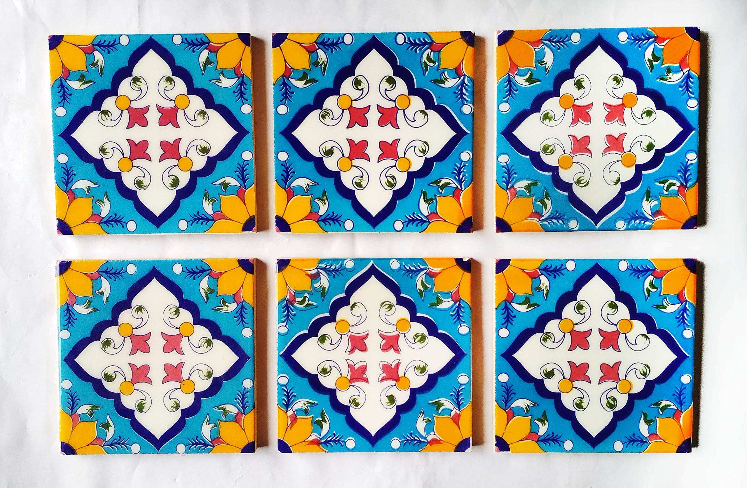 Shiv Kripa Blue Pottery Floral Ceramic Glazed Decorative Handcrafted Tile (4 4 inch/Pack of 6 Tiles)