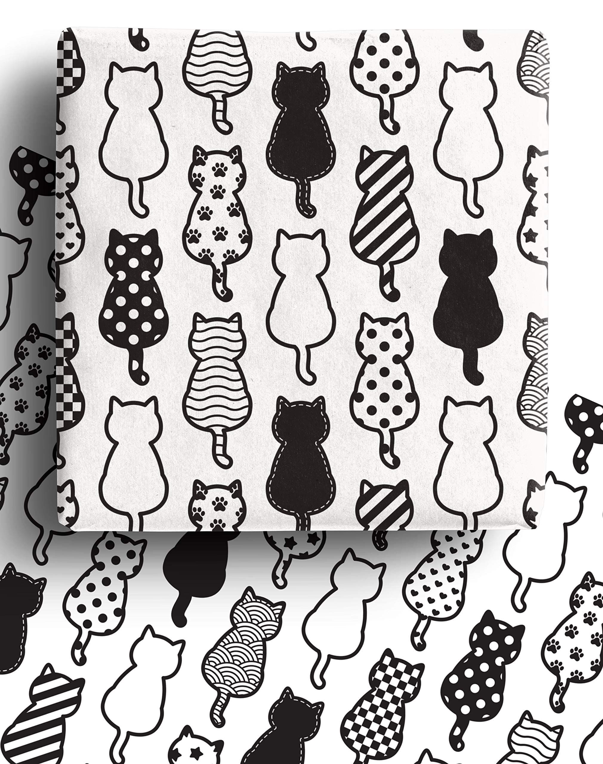 4 x Recyclable Cat Wrapping Paper Sheets 70cm x 50cm - Premium Black and White Gift Wrap - Made in the UK - Eco Friendly Pet Safe Animal Gift Wrapping Paper