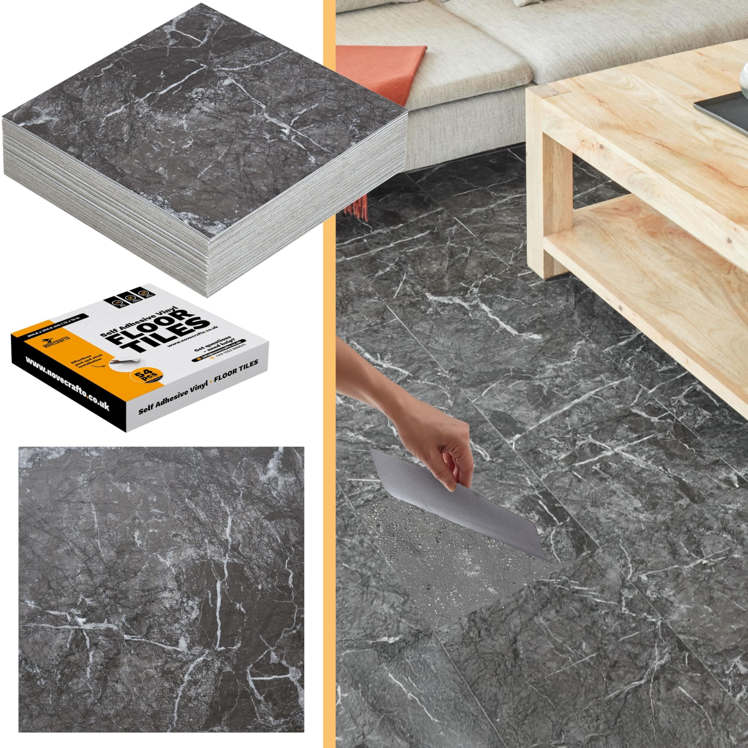 𝐍𝐎𝐕𝐄𝐂𝐑𝐀𝐅𝐓𝐎 Square Self Adhesive Vinyl Floor Tiles - 30 Pack / 67.48 ft² (6.27m²) Peel and Stick Floor Tiles Size 18”x18” (45.72x45.72 cm) Waterproof Kitchen Black Marble Vinyl Flooring