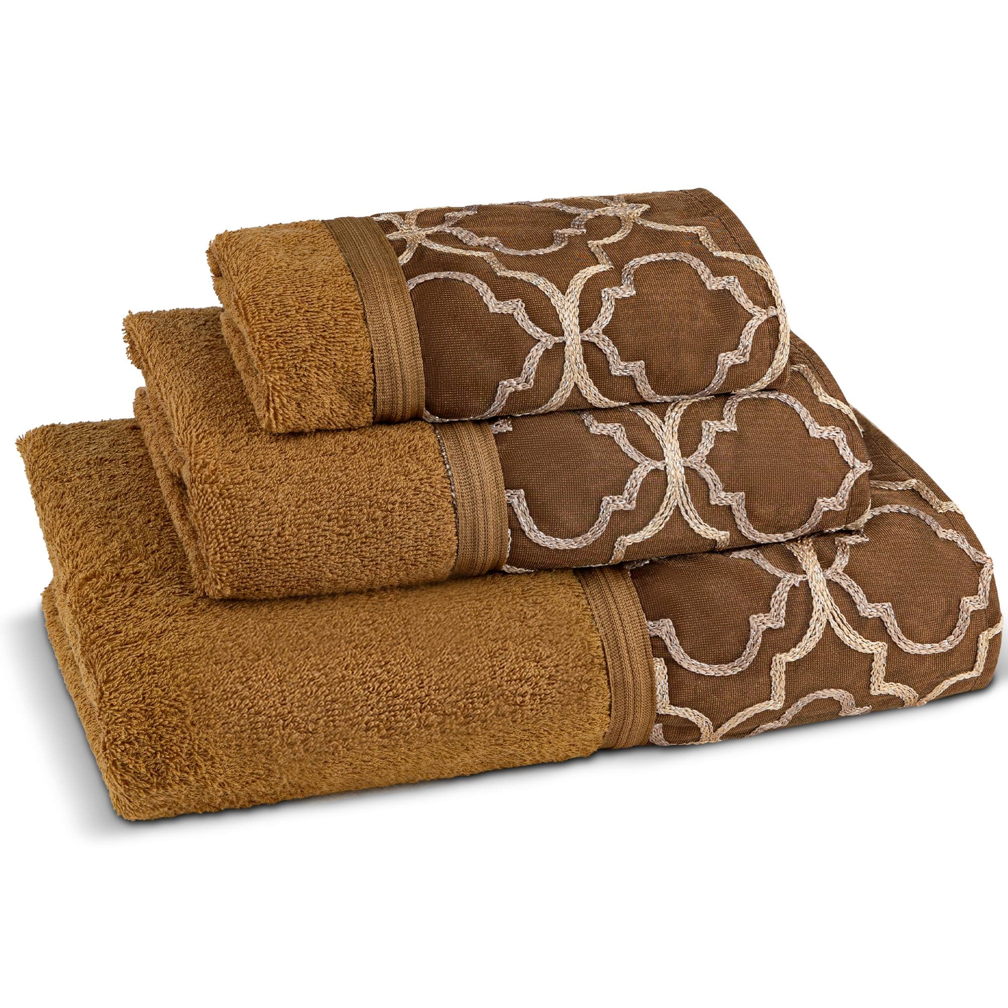 Spindle Modern Bathroom Towel Set - 3 Piece Bath, Hand, and Wash Towels - Classic Luxury Contemporary Decor - Beautiful Gold Unique Design Bath Ensemble