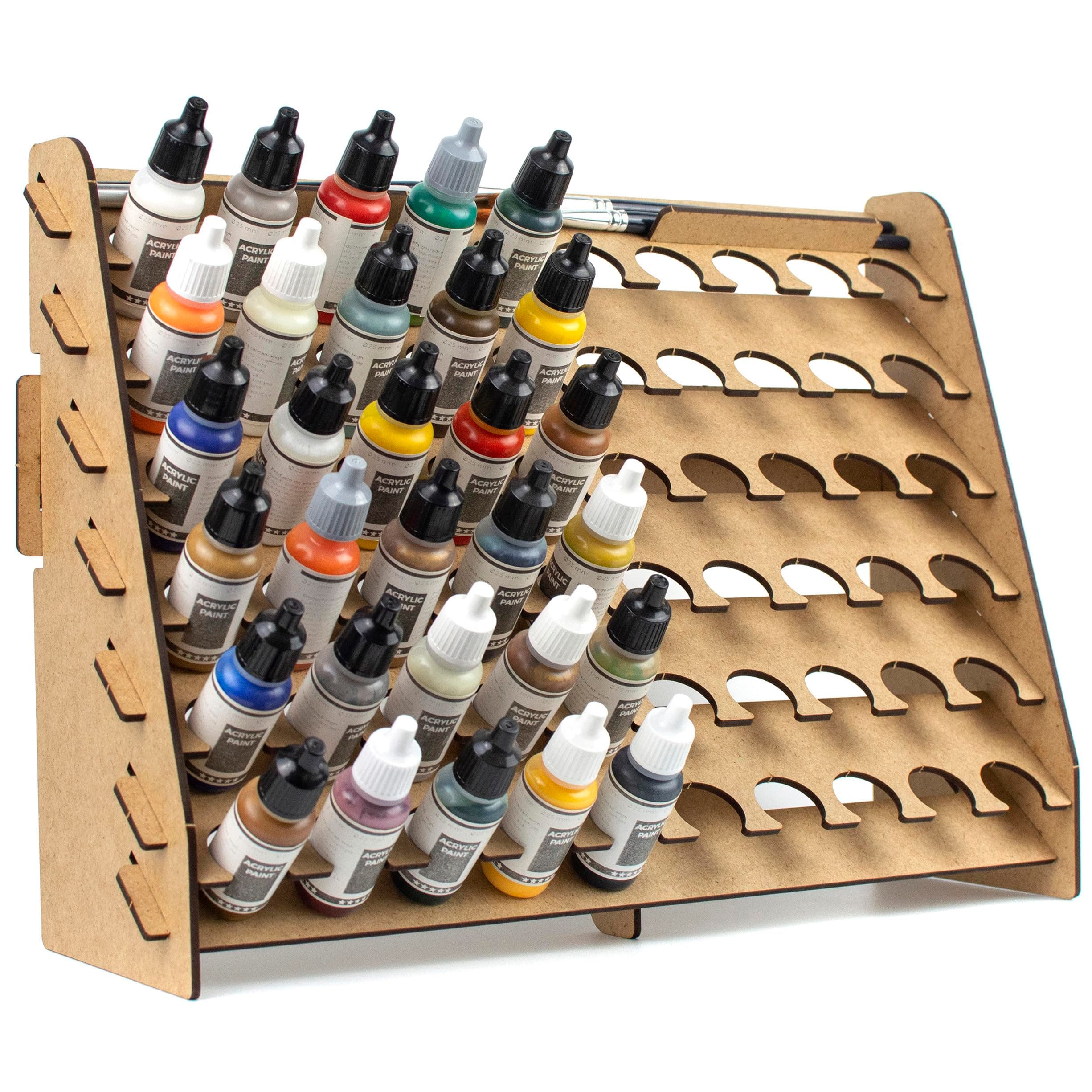 Wall Paint Rack Organizer for Miniatures & Modeling, Vertical Paint Stand with 26mm Dropper Holes + Top Brush/Tool Holder, Compatible with Vallejo, Army Painter, AK (26mm)