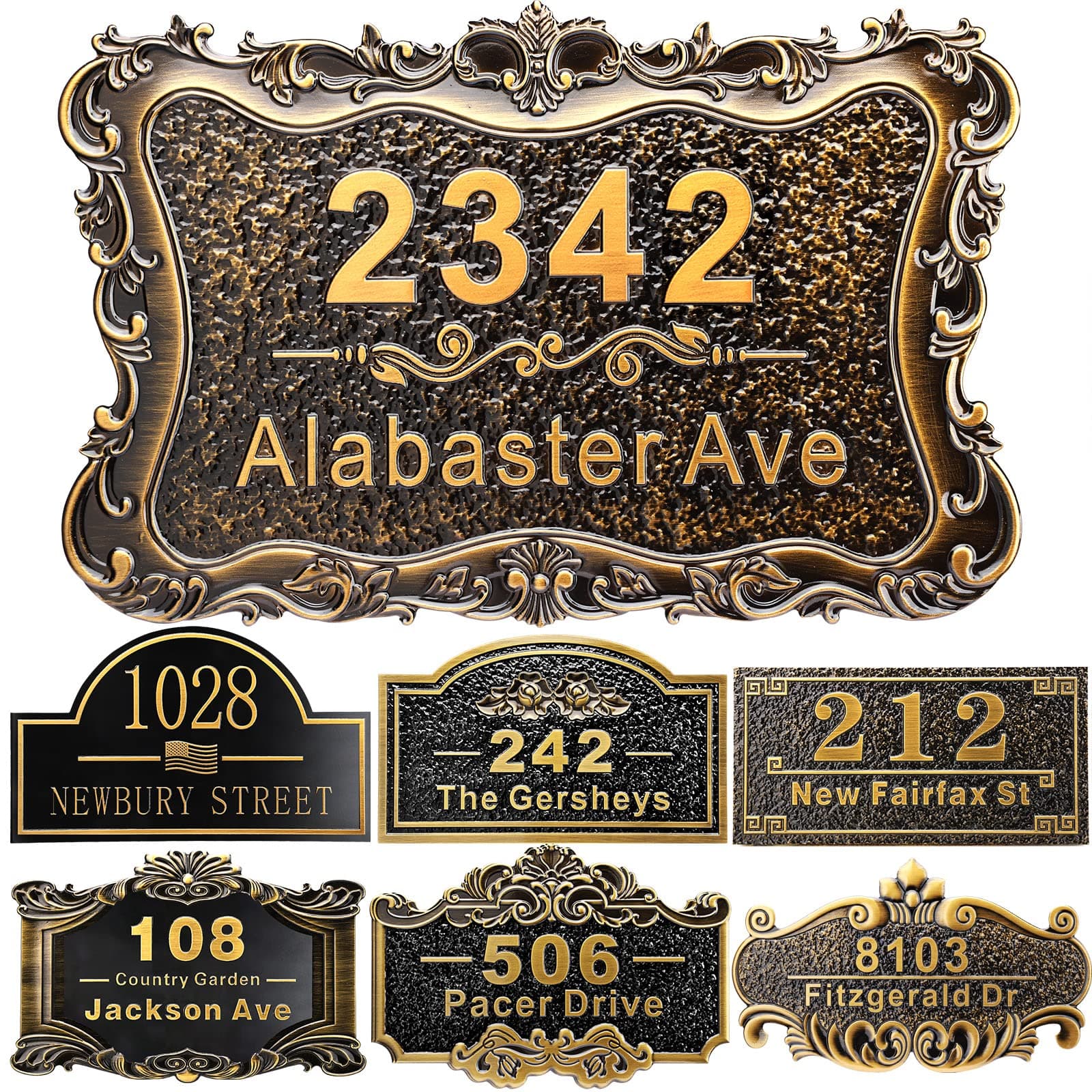 Personalized House Address Plaque 12" Cast Numbers for Outside Custom Street Name Address Sign Plate Vintage for Mailbox Door Room Classic Wall Outdoor Antique Brass