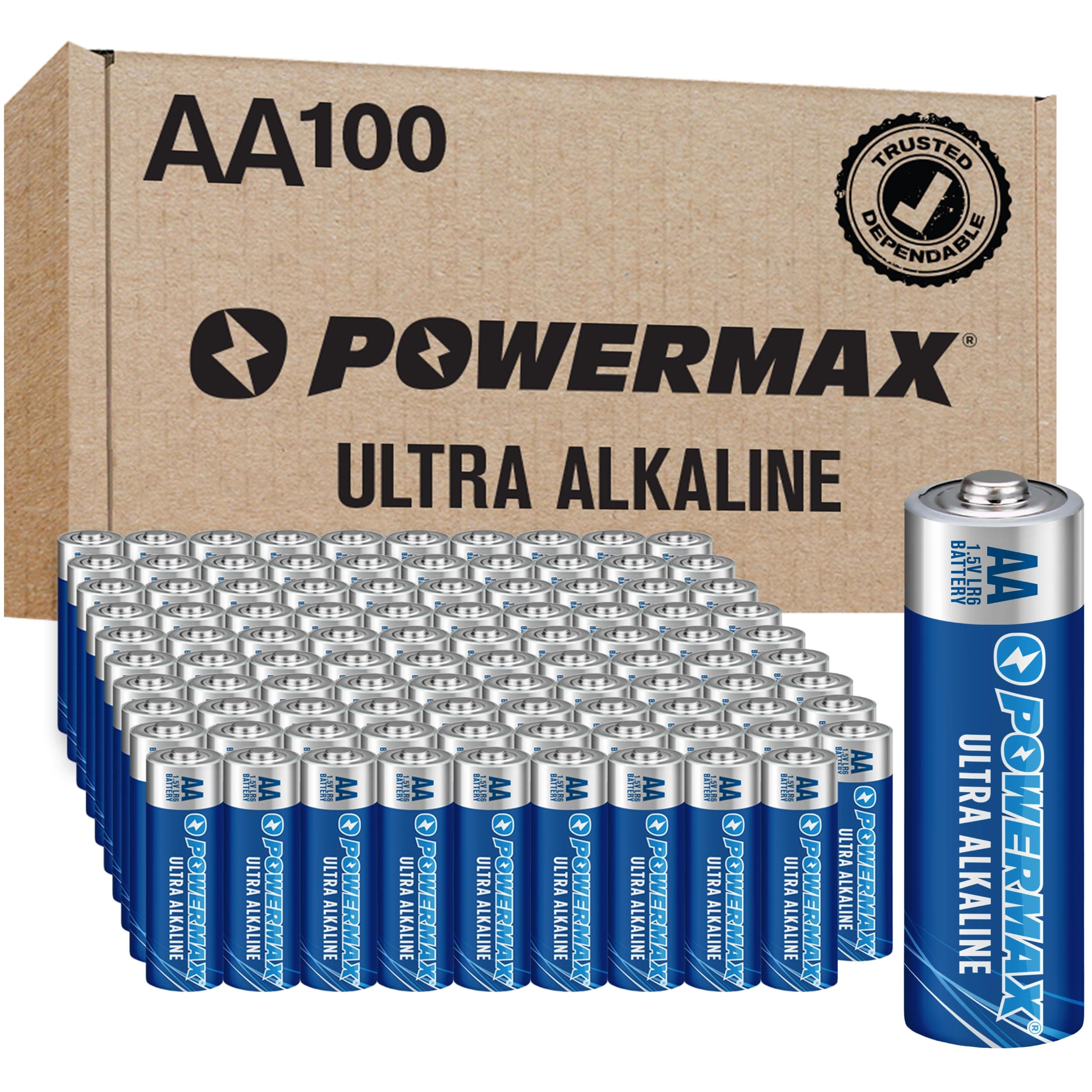 Powermax 100-Count AA Batteries, Ultra Long Lasting Alkaline Battery, 10-Year Shelf Life, Recloseable Packaging 100 Count (Pack of 1)