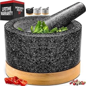 PriorityChef Heavy Duty Mortar and Pestle Set with Bamboo Base, 100% Natural Granite Stone Grinder, Guacamole Bowl and Masher, 2 Cups, Black