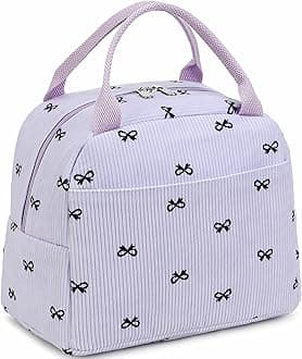 LEDAOU Lunch Box for Women Insulated Lunch Bag Corduroy Lunch Tote Bags Leakproof Cooler Lunch Case for Travel Work Picnic (Purple bow pattern)