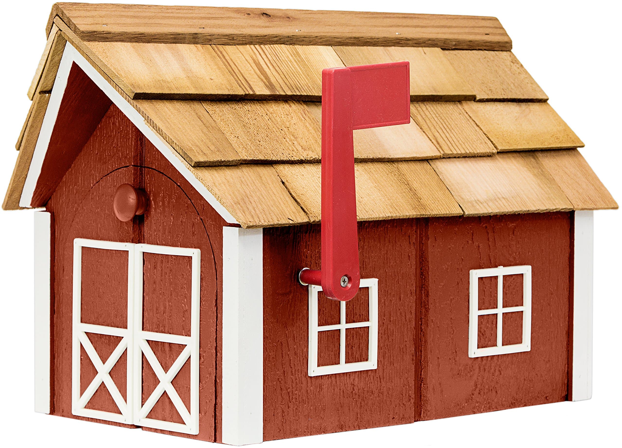 Amish-Made Deluxe Post Mount Wooden Mailbox with Cedar Shingles (Red with White Trim)