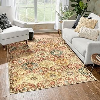 LahomeMoroccan Machine Washable Rugs for Living Room, 4x6 Rug for Bedroom Non-Slip Vintage Trellis Ultra-Thin Throw Carpet for Dining Room Office Nursery, Red/Orange