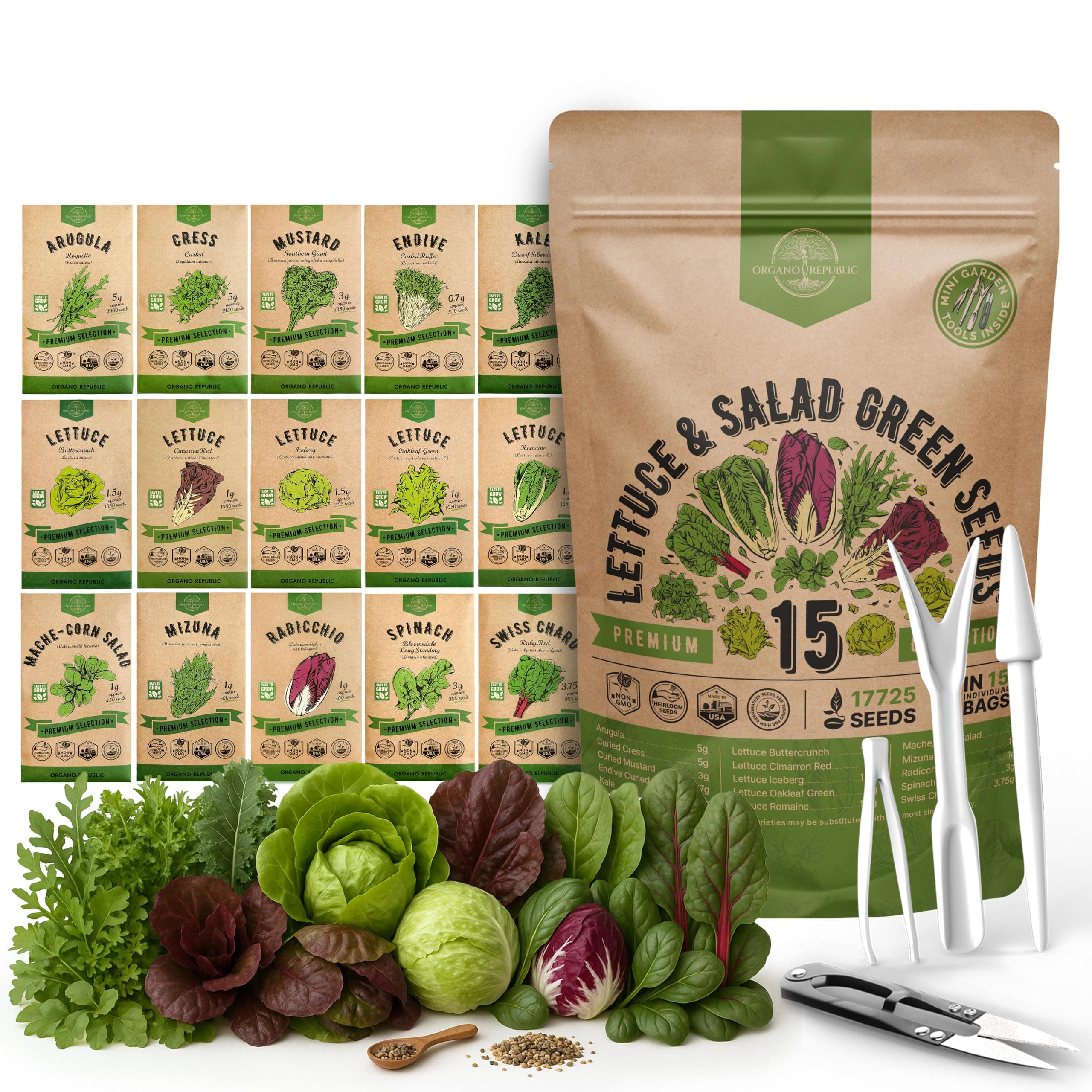 Organo Republic 15 Lettuce & Salad Greens Seeds Variety Pack 17700+ Non-GMO Heirloom Lettuce Seeds for Indoors & Outdoors Garden, Hydroponics, Aerogarden - Arugula, Kale, Spinach, Swiss Chard, Lettuce