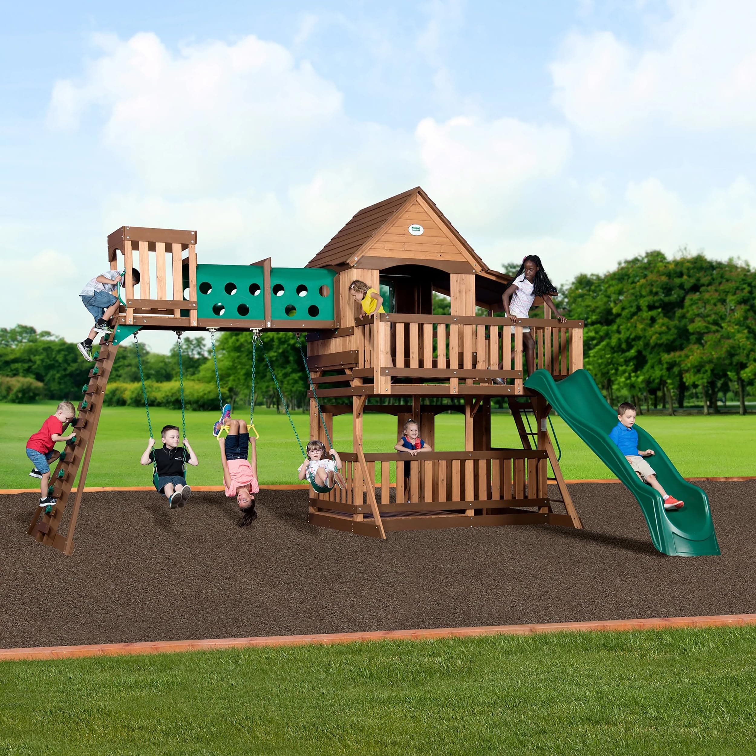 Backyard Discovery Woodridge Elite Cedar Wood Swing Set with Wave Slide, Clubhouse, Crawl Tunnel, Crow's Nest, Belt Swings, Trapeze, Rock Wall Ladder, Sandbox, Wrap-Around Porch, Deck, Outdoor Playset