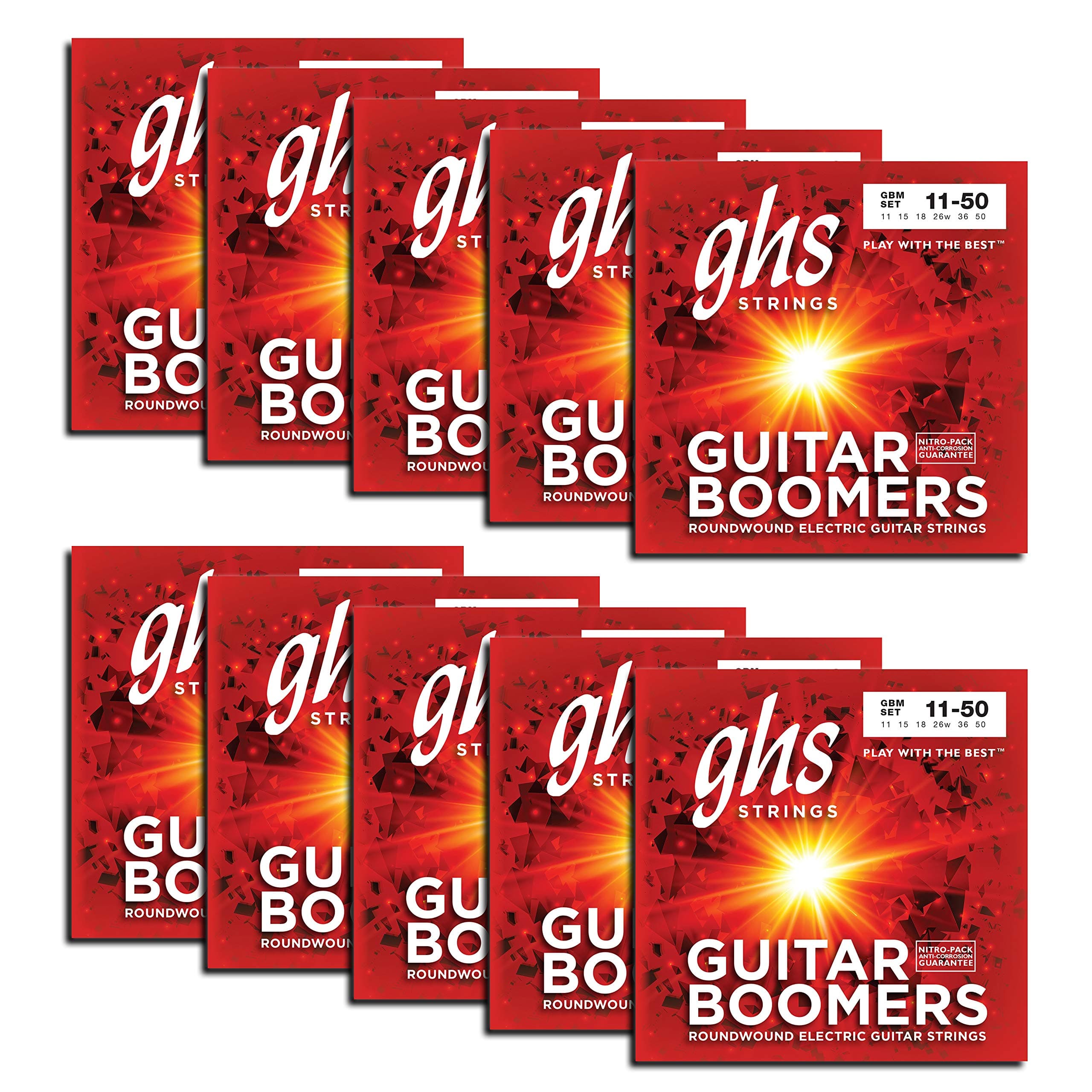 GHS StringsGuitar Boomers Nickel Plated Electric Guitar Strings - Medium Gauge - GBM-10 SET - 10 SETS (.011-.050)