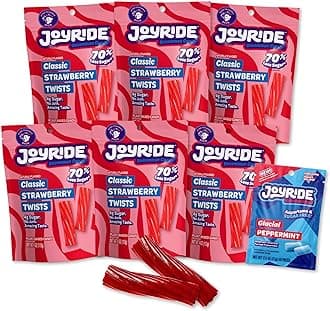 JOYRIDE Classic Strawberry Twists - 4oz 6-Pack Bundle with 2.5oz Glacial Peppermint Gum, Low Sugar Strawberry Flavor, Low Calorie Snacks, Dye Free and Plant Based Candy (7 Items)